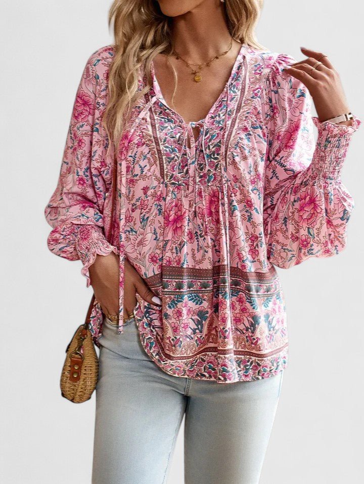 Boho Bluse V-Udskæring Pufærmer Blomsterprint