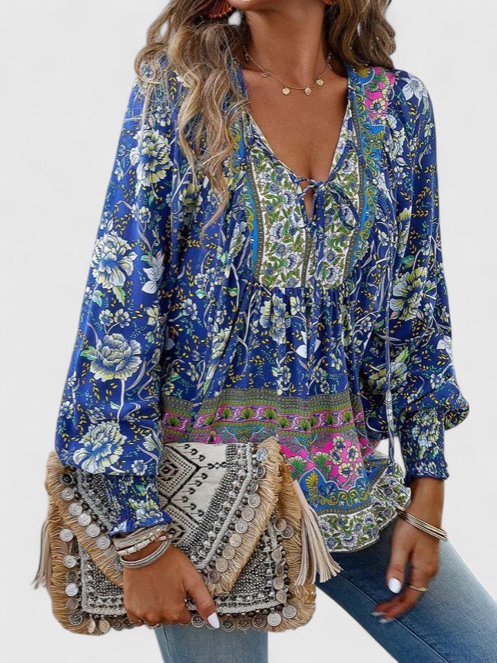Boho Bluse V-Udskæring Pufærmer Blomsterprint