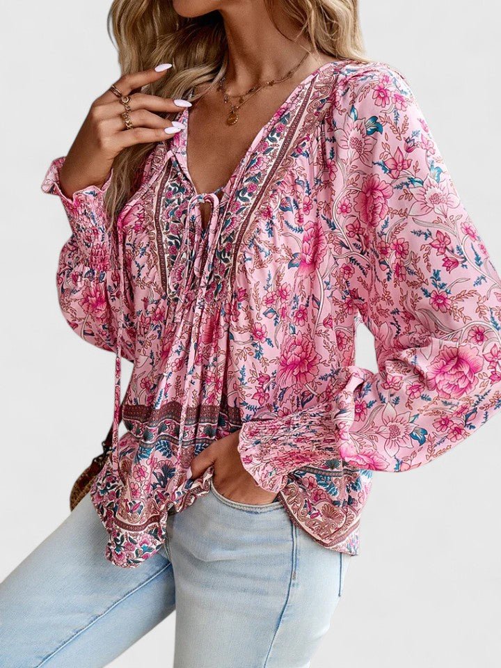 Boho Bluse V-Udskæring Pufærmer Blomsterprint
