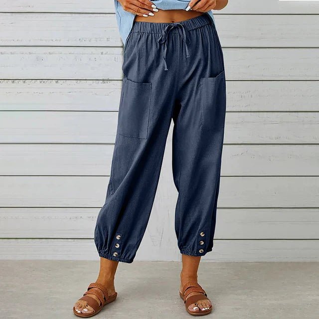 Boho Højtaljede Bukser Afslappet Pasform Bomuldshør - Navy Blue