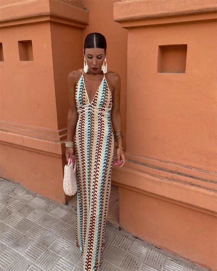 Boho Hæklet Kjole Halterneck Maxi Strandkjole - Beige-Multi