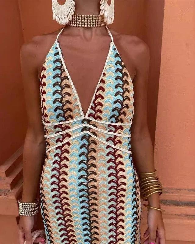Boho Hæklet Kjole Halterneck Maxi Strandkjole