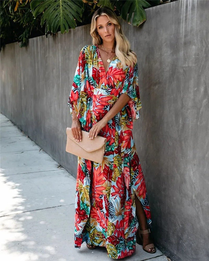Boho Kimono Wrap Maxikjole Tropisk Print