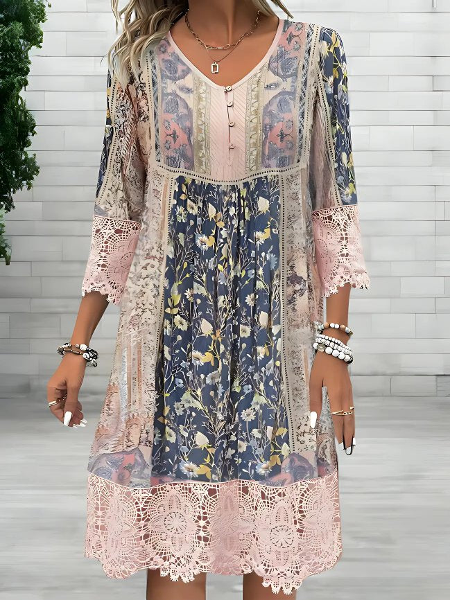 Boho Kjole Blommønster V-hals Lange Ærmer Flowy - White