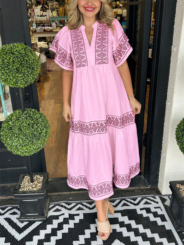 Boho Kjole Løs Pasform Blød Drapering Mavekontrol - Pink
