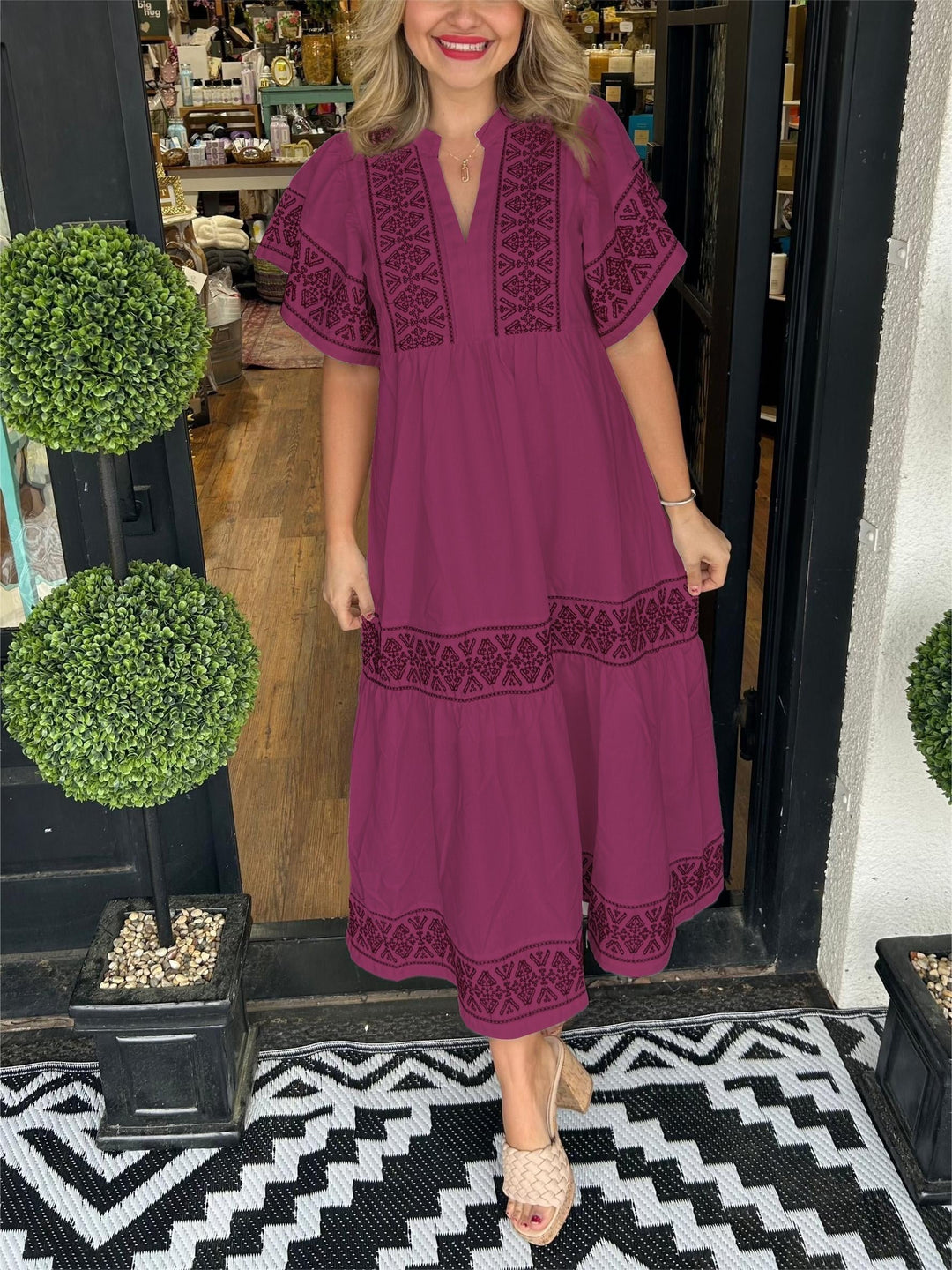 Boho Kjole Løs Pasform Blød Drapering Mavekontrol - Wine Red