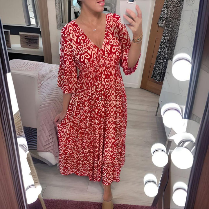 Boho Kjole Løstsiddende Print Casual V-Hals - Red