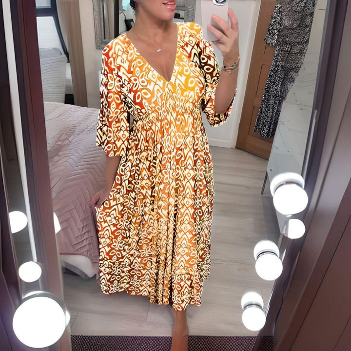 Boho Kjole Løstsiddende Print Casual V-Hals - Yellow