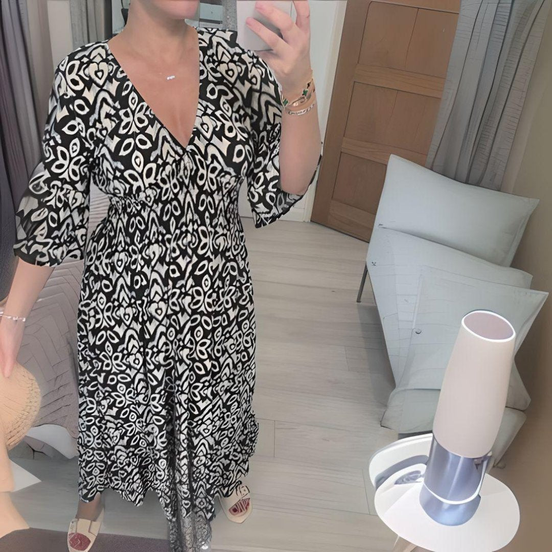 Boho Kjole Løstsiddende Print Casual V-Hals - Black