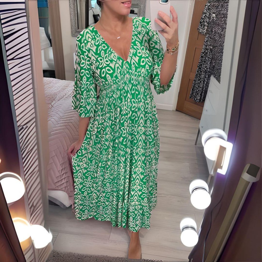 Boho Kjole Løstsiddende Print Casual V-Hals - Green