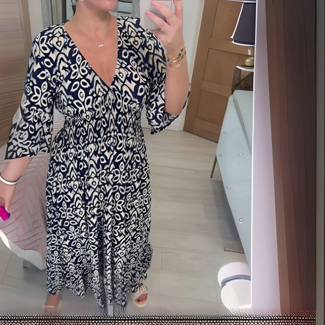 Boho Kjole Løstsiddende Print Casual V-Hals - Blue