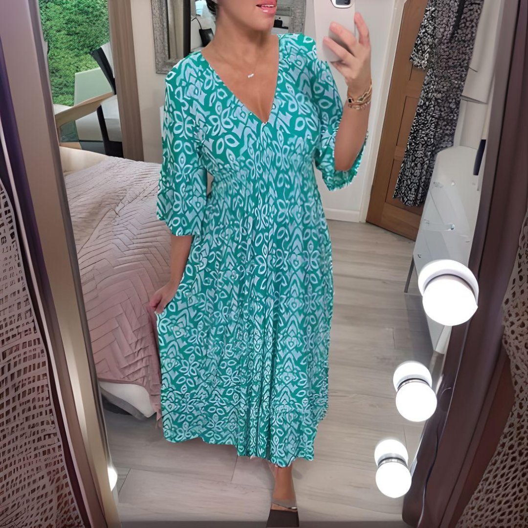 Boho Kjole Løstsiddende Print Casual V-Hals - Aqua Blue