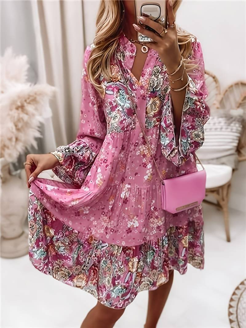 Boho Kjole med Blomsterprint V-Udskæring Langærmet - Pink