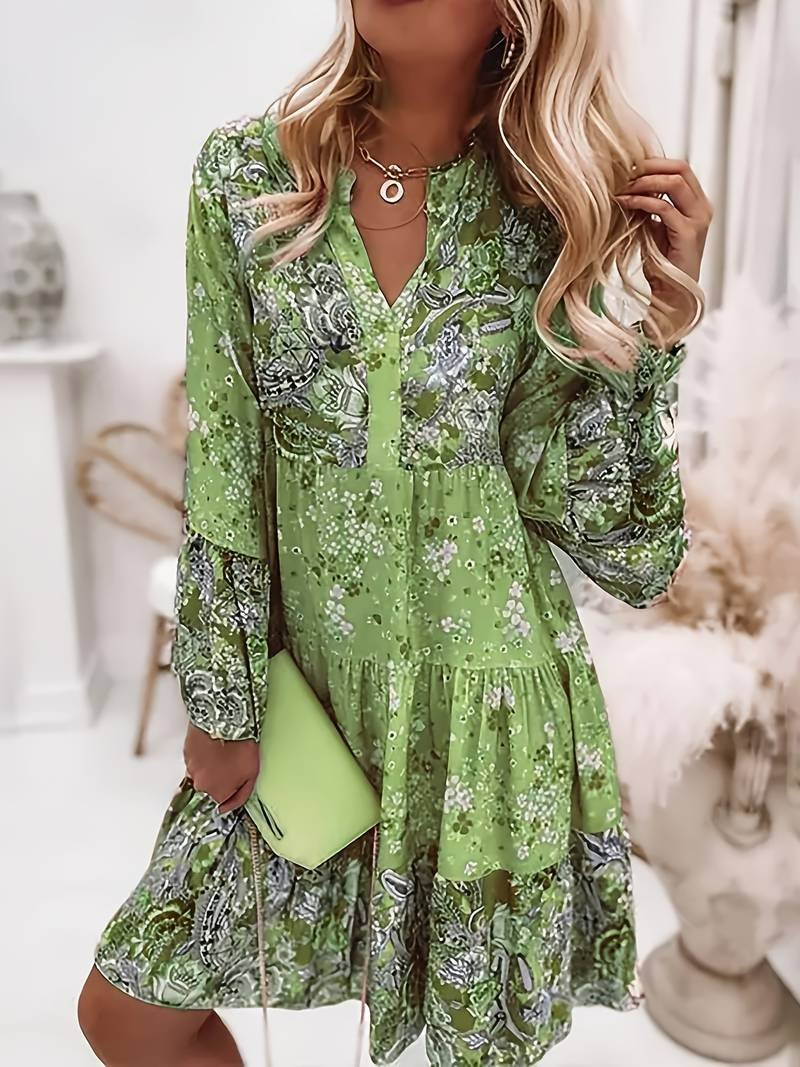 Boho Kjole med Blomsterprint V-Udskæring Langærmet - Green