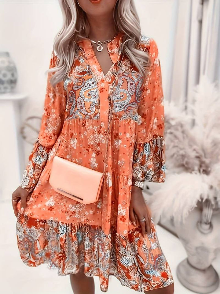Boho Kjole med Blomsterprint V-Udskæring Langærmet - Orange