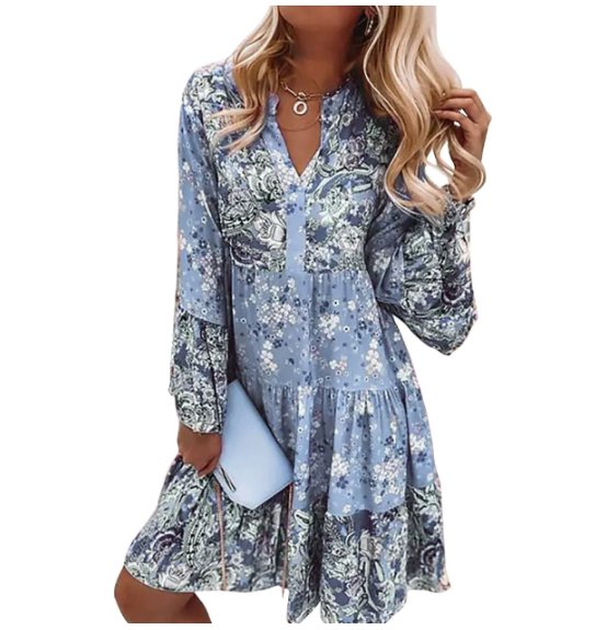 Boho Kjole med Blomsterprint V-Udskæring Langærmet - Blue