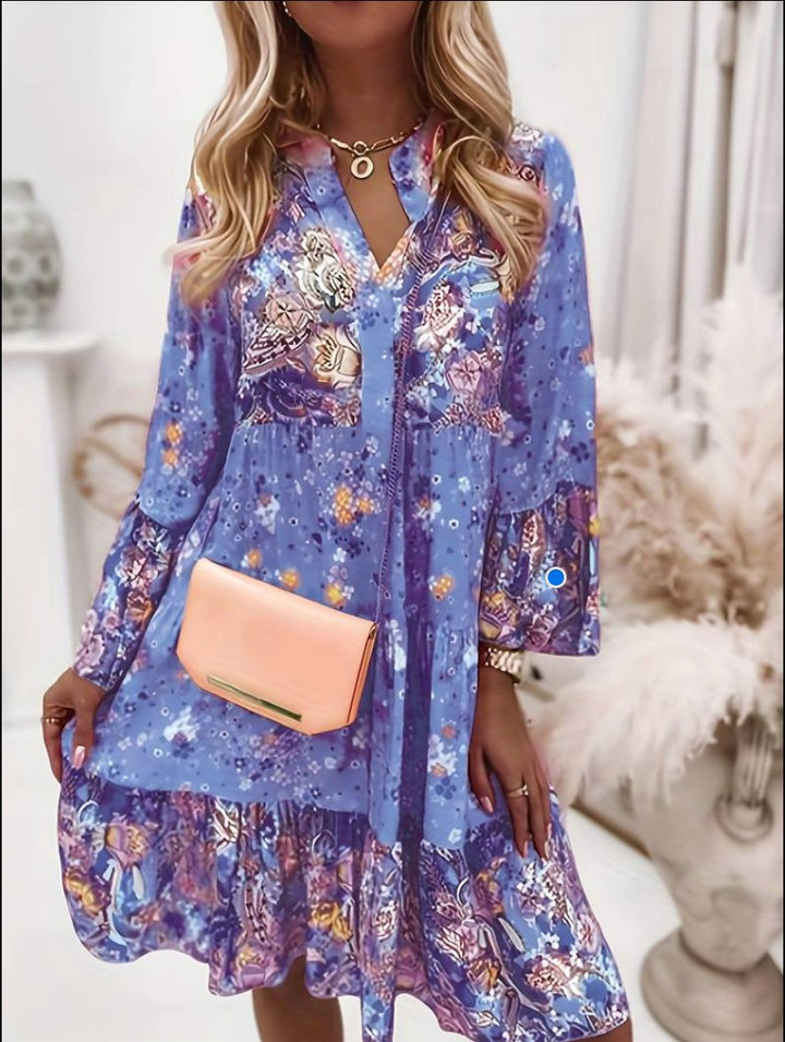 Boho Kjole med Blomsterprint V-Udskæring Langærmet