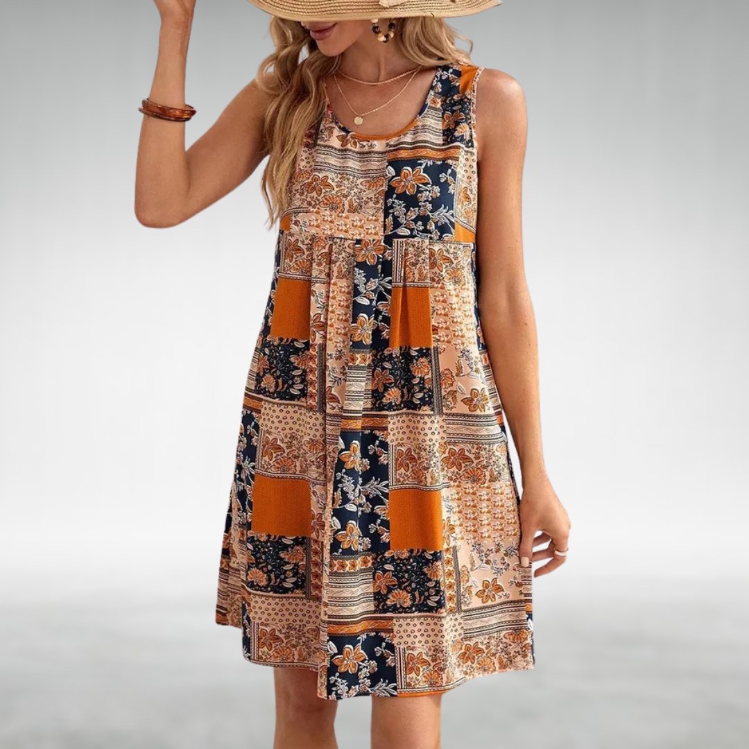 Boho Kjole Sleeveless Løs Pasform Blomsterprint - Orange