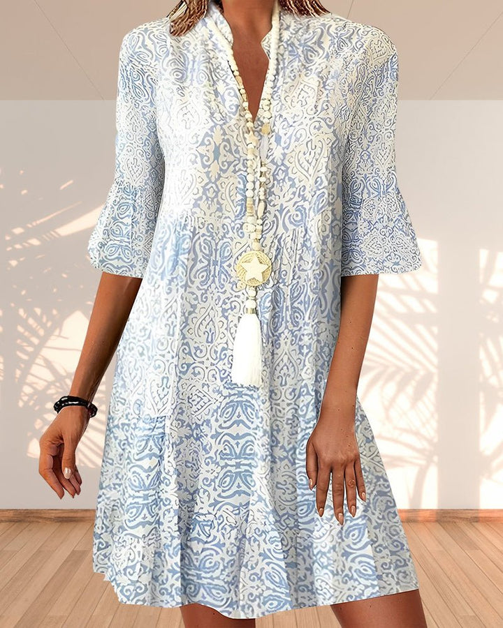 Boho Kjole V-hals 3/4 Ærmer Paisley Print A-linje - Blue