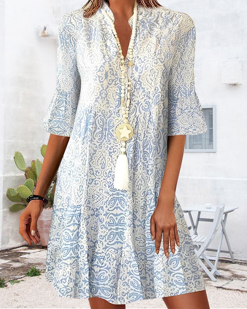 Boho Kjole V-hals 3/4 Ærmer Paisley Print A-linje