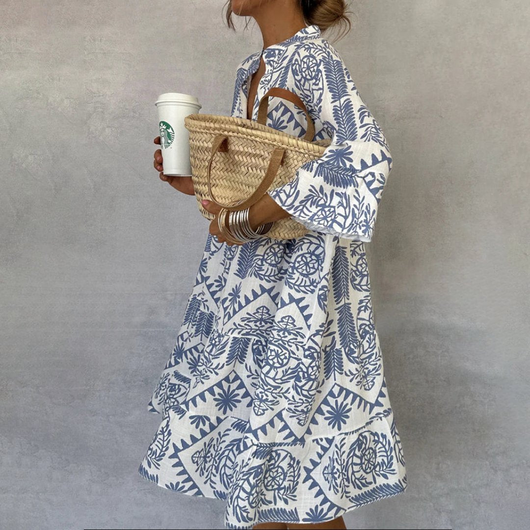 Boho Kjole V-Hals 3/4 Ærmer Swing Stil Print - Blue