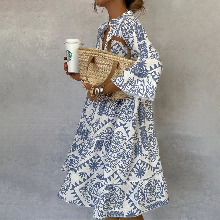 Boho Kjole V-Hals 3/4 Ærmer Swing Stil Print - Blue
