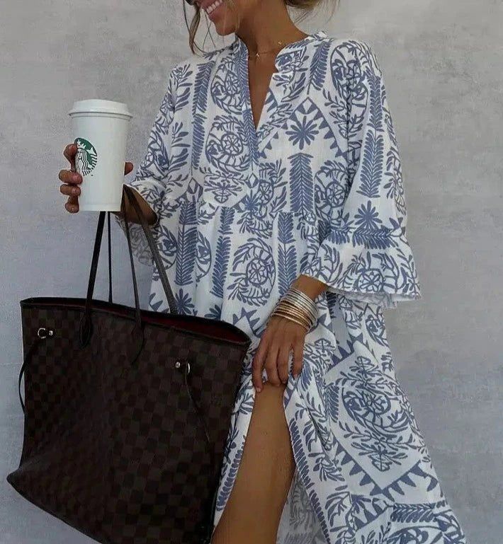 Boho Kjole V-Hals 3/4 Ærmer Swing Stil Print