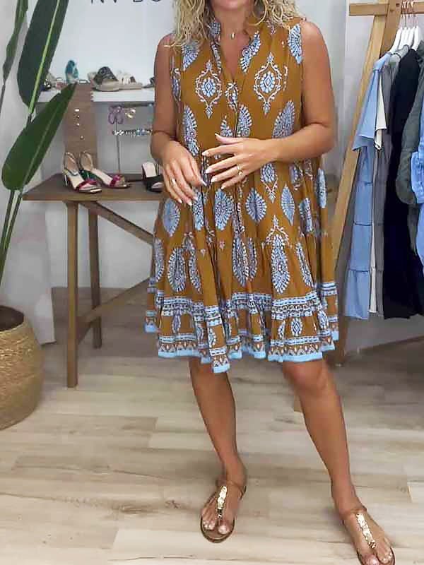 Boho Kjole V-Hals Ærmeløs Lagdelt Mini Gul Blå Print - Caramel Brown