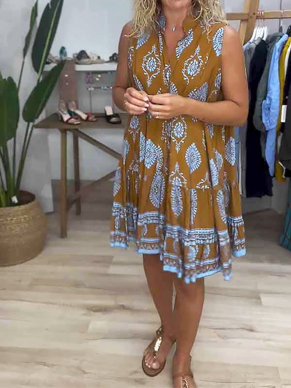Boho Kjole V-Hals Ærmeløs Lagdelt Mini Gul Blå Print