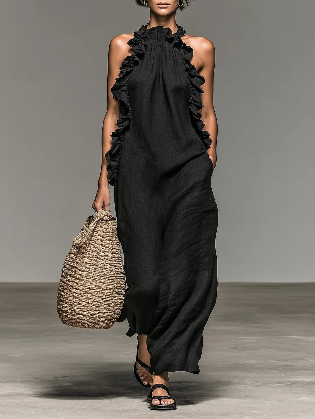 Boho Linned Maxi Kjole Ærmeløs Flæsekant Dame - Black