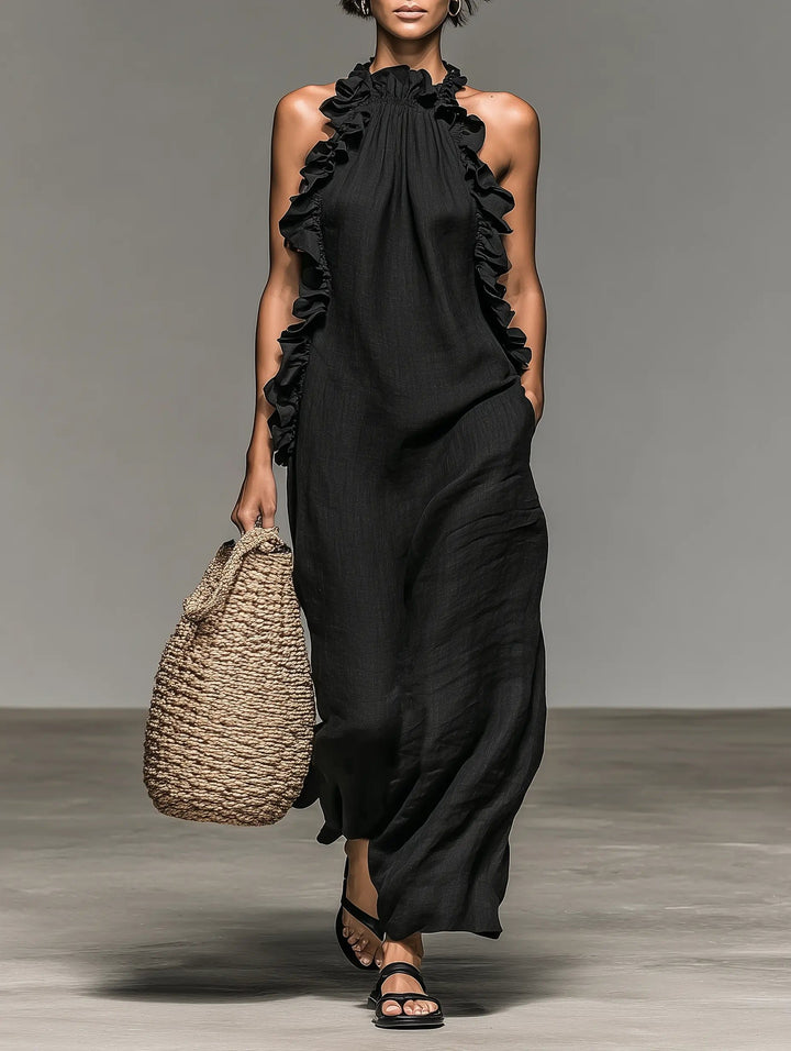 Boho Linned Maxi Kjole Ærmeløs Flæsekant Dame - Black