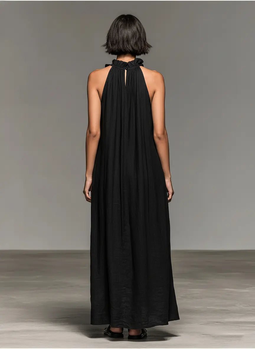 Boho Linned Maxi Kjole Ærmeløs Flæsekant Dame