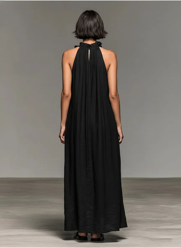 Boho Linned Maxi Kjole Ærmeløs Flæsekant Dame