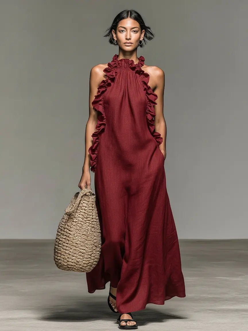 Boho Linned Maxi Kjole Ærmeløs Flæsekant Dame - Red