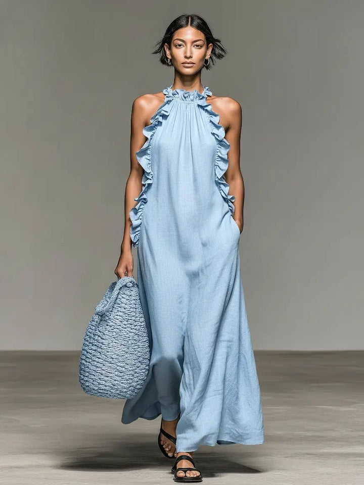 Boho Linned Maxi Kjole Ærmeløs Flæsekant Dame - Light Blue