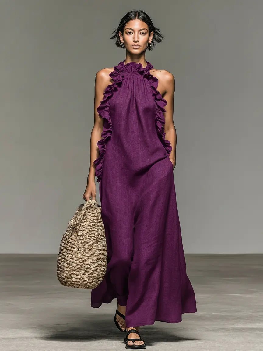 Boho Linned Maxi Kjole Ærmeløs Flæsekant Dame - Purple