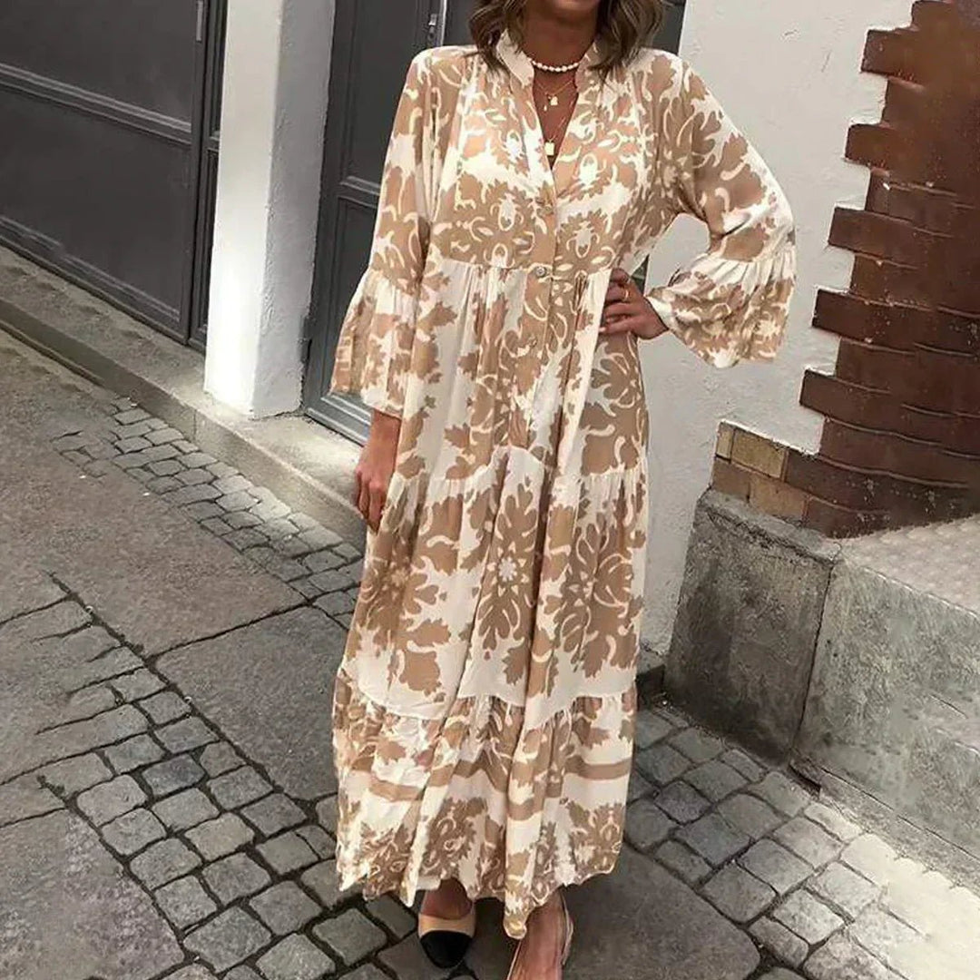 Boho Maxi Kjole Blomsterprint Langærmet Casual - Brown