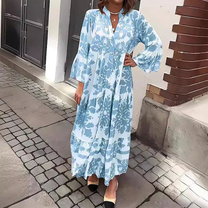 Boho Maxi Kjole Blomsterprint Langærmet Casual - Blue