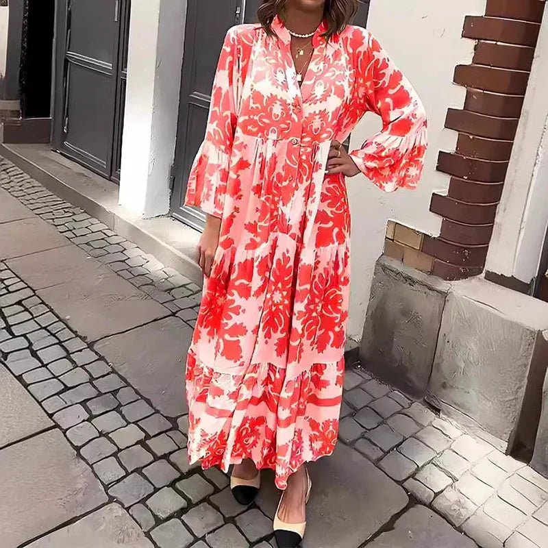 Boho Maxi Kjole Blomsterprint Langærmet Casual - Red