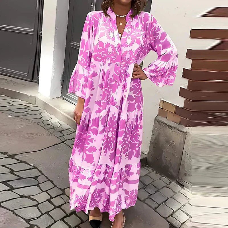Boho Maxi Kjole Blomsterprint Langærmet Casual - Purple