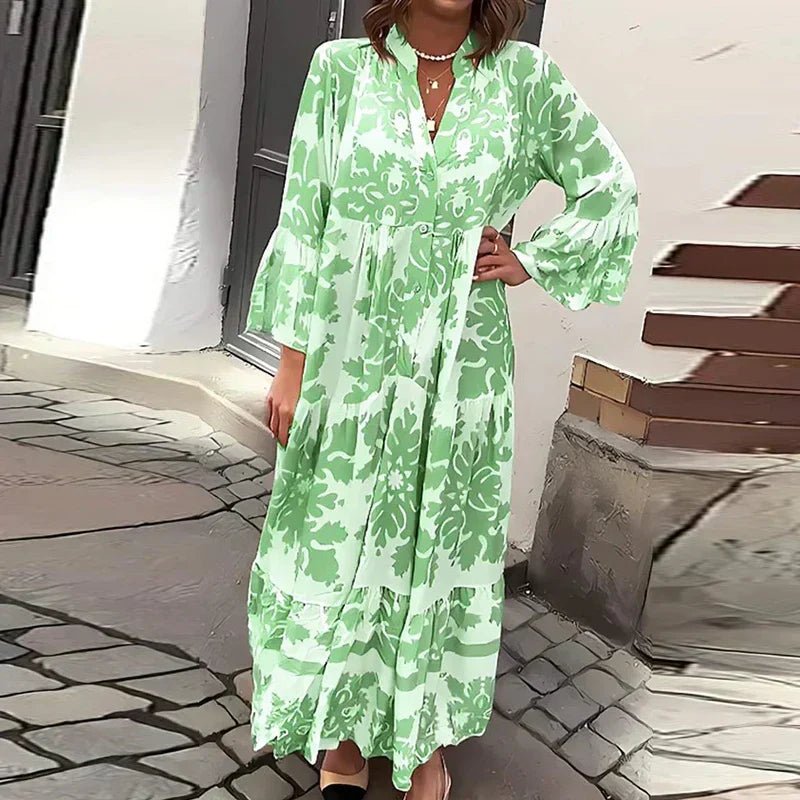 Boho Maxi Kjole Blomsterprint Langærmet Casual - Green