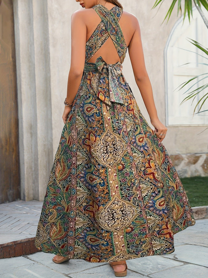 Boho Maxi Kjole Halterneck Paisley Mønster