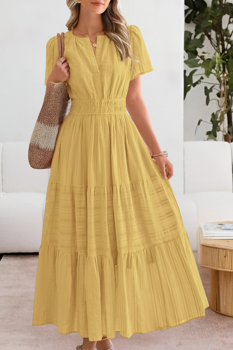 Boho Maxi Kjole Kort Ærme Elastik Talje Sommer - Yellow
