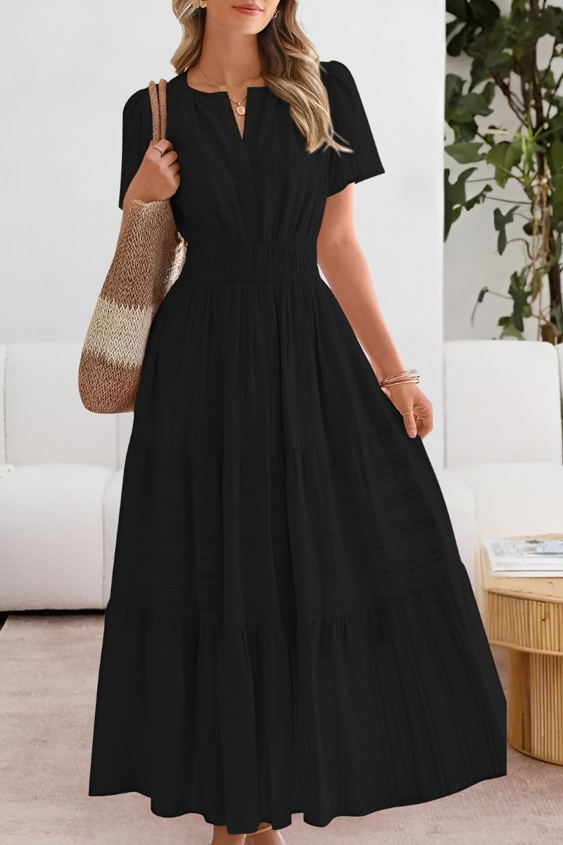 Boho Maxi Kjole Kort Ærme Elastik Talje Sommer - Black