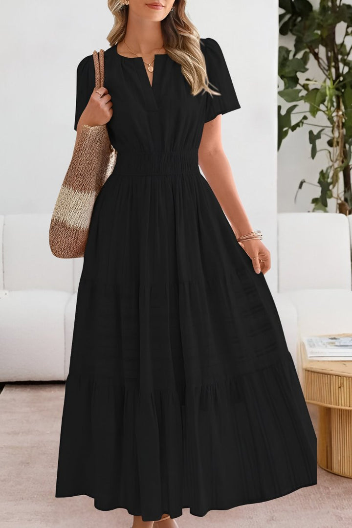 Boho Maxi Kjole Kort Ærme Elastik Talje Sommer - Black