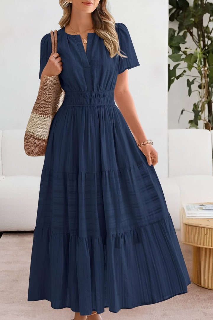 Boho Maxi Kjole Kort Ærme Elastik Talje Sommer - Navy Blue