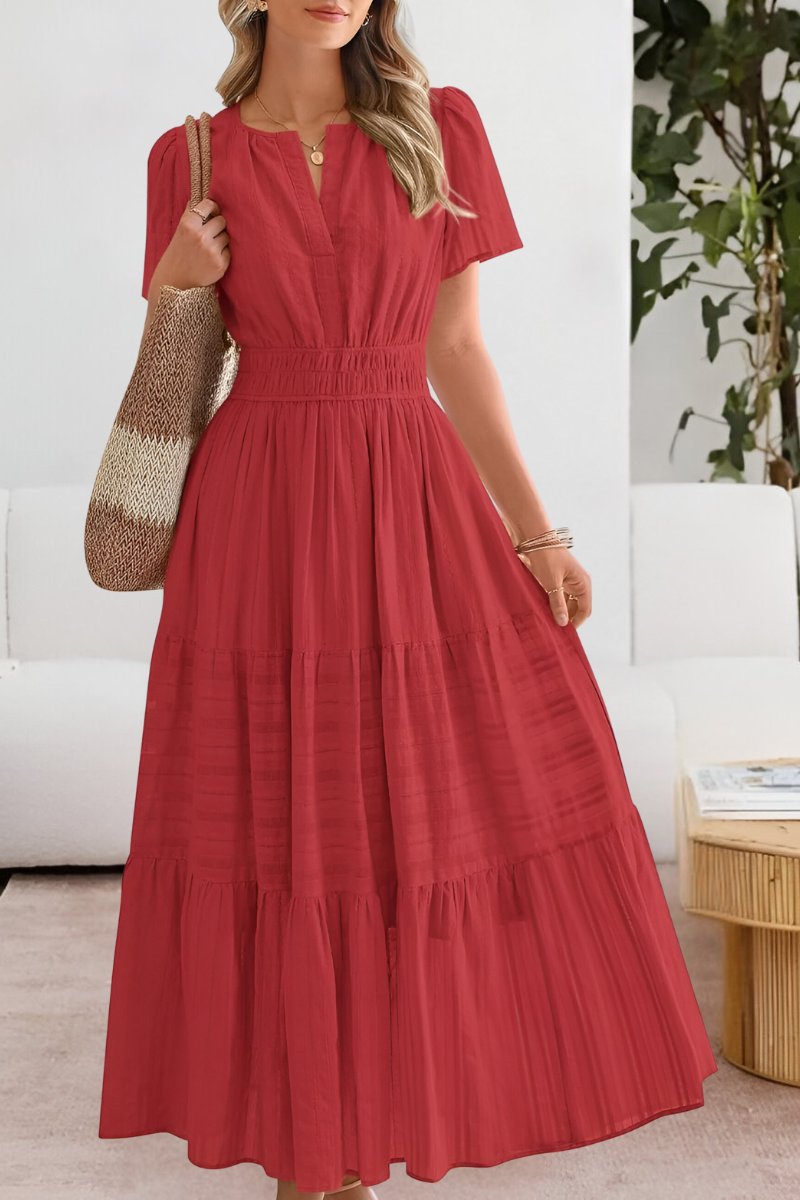 Boho Maxi Kjole Kort Ærme Elastik Talje Sommer - Red