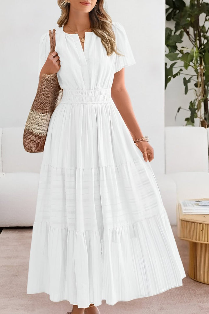 Boho Maxi Kjole Kort Ærme Elastik Talje Sommer - White