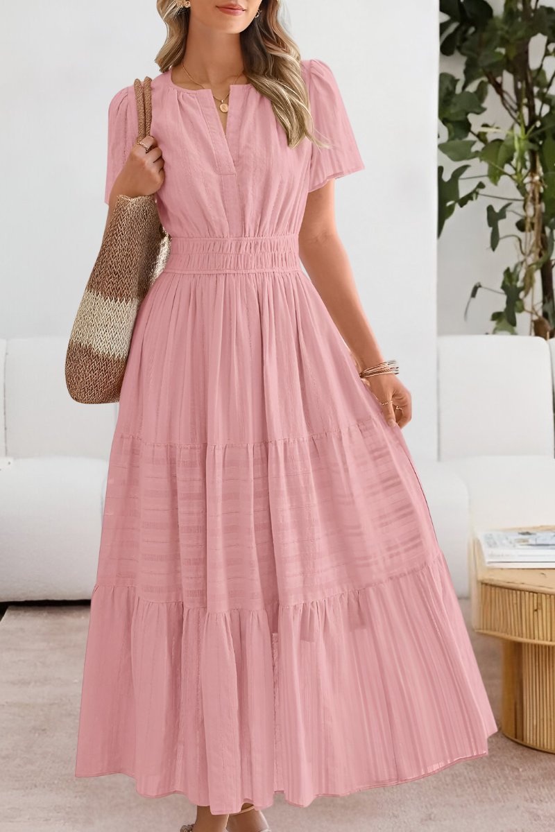 Boho Maxi Kjole Kort Ærme Elastik Talje Sommer - Pink
