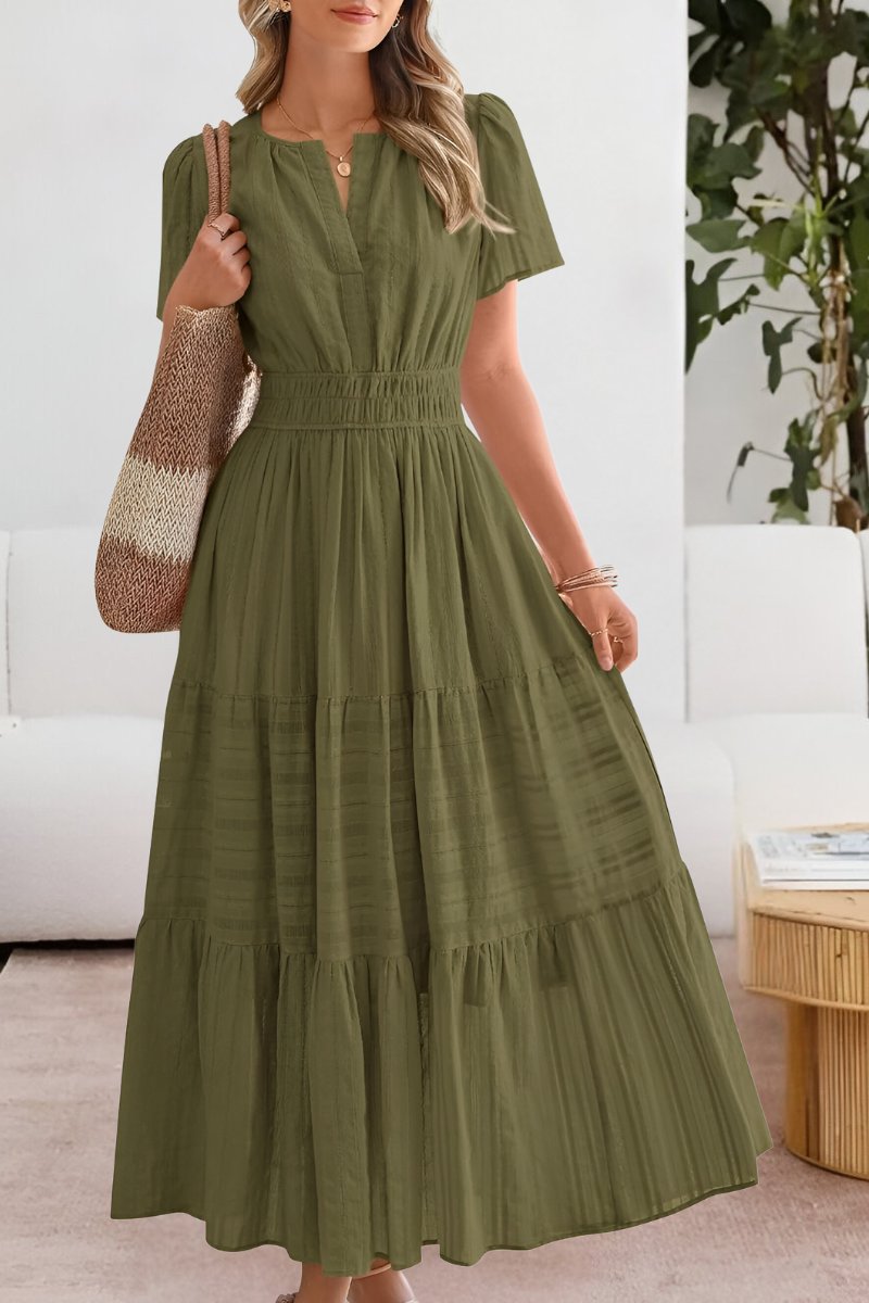 Boho Maxi Kjole Kort Ærme Elastik Talje Sommer - Green